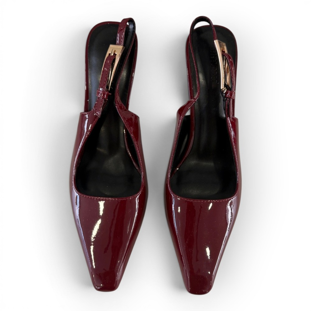 Mimmu Burgundy Patent Leather Slingback Heels Gold Sculptural Heel Pointed Toe 6